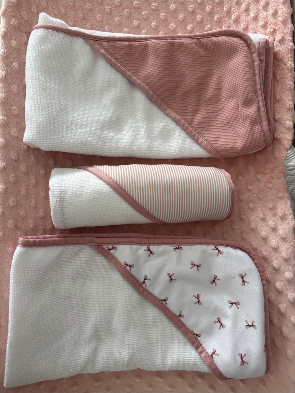 Set of 3 Pink & White Baby Hooded Towels
